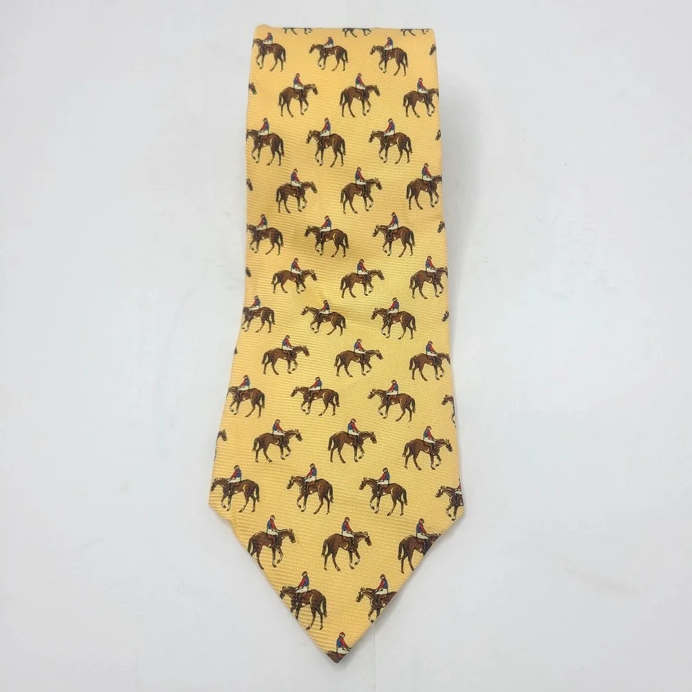 Vintage Lauren Ralph Lauren Silk Tie Yellow Equestrian Horse Jockey Derby USA